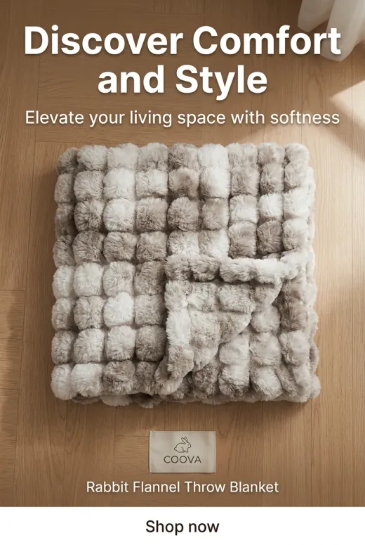 Lifestyle pin: COOVA throw blanket with “Discover Comfort and Style” overlay