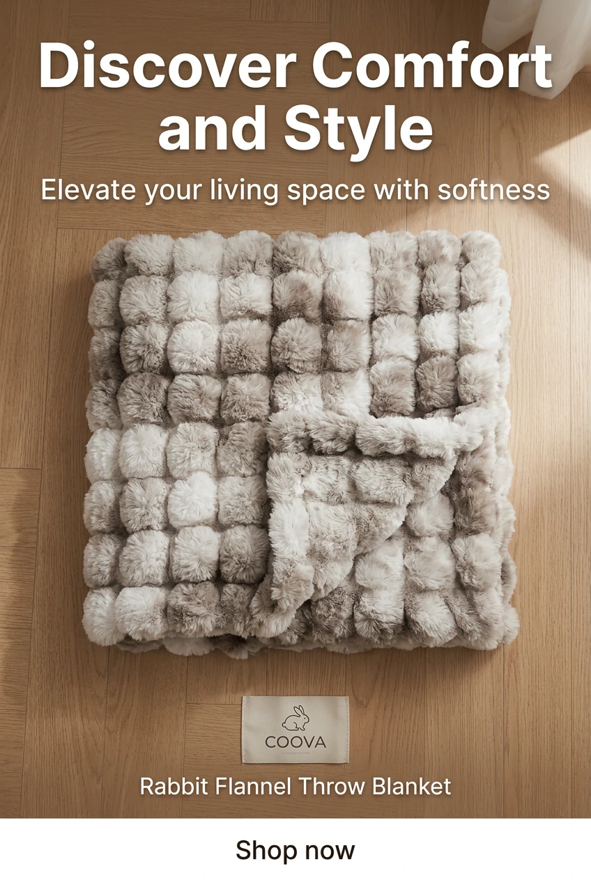 Lifestyle pin: COOVA throw blanket with “Discover Comfort and Style” overlay