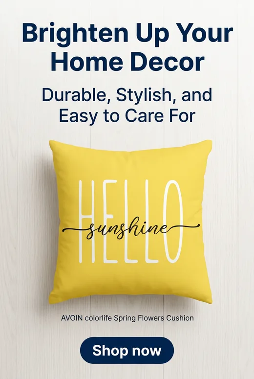 Clean pin: yellow “Hello sunshine” pillow with the headline “Brighten Up Your Home Decor”