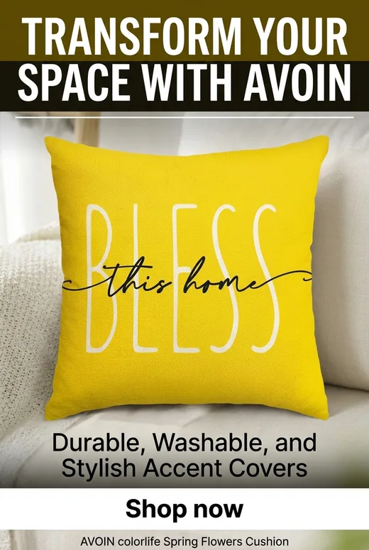 Bold pin: “Transform Your Space with AVOIN” over a yellow “Bless this home” pillow on a sofa