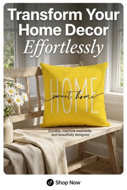 Lifestyle pin: yellow “Home sweet home” pillow on a wooden bench by a sunny window