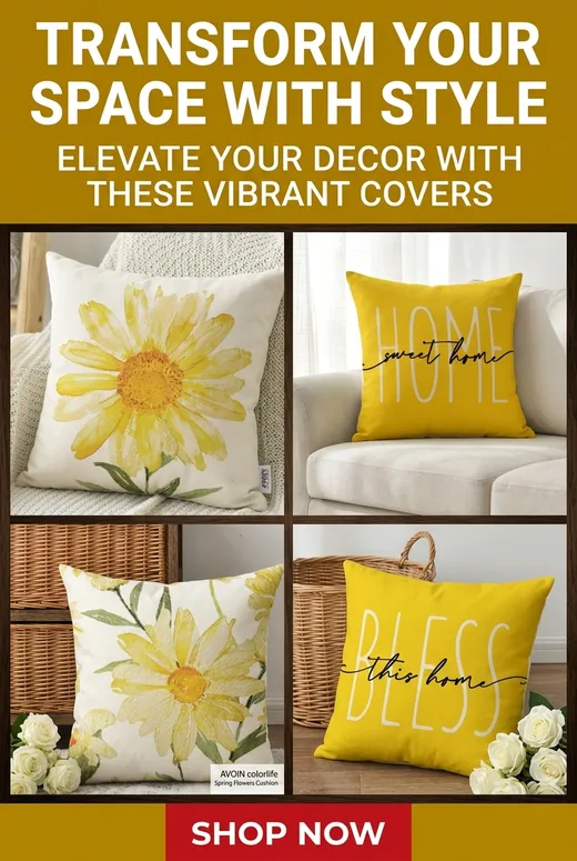 Collage pin: four AVOIN pillow covers in a grid under “Transform Your Space with Style”