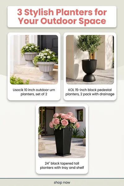 Real URL2Pin roundup pin: 3 Stylish Planters for Your Outdoor Space, three product cards from three Amazon listings